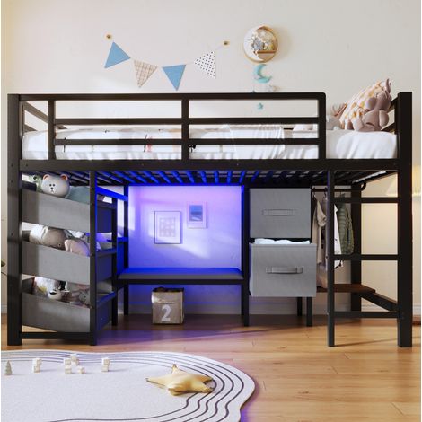 MEUBLIV Cama alta 90x200 cm negra – LED multicolor, almacenamiento y asiento, sin colchón (1/5)