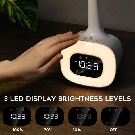 Multifunktionale HD Uhr, Lese und Arbeitslampe, Stimmungsbeleuchtung mit sieben Farben, Nachtlicht und Steckdosenlampe. (1/3)