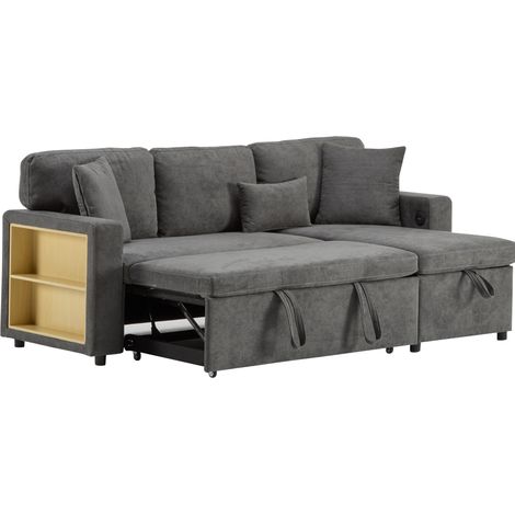Sofá Cama Convertible 3 Plazas con Puerto USB, Almacenaje Lateral, Cojines, Flanela, Gris Oscuro (1/5)