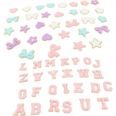Écussons Lettres Chenille Auto Adhésifs Étoile Cœur Nœud Fleur Mignon – Sticker Brodé Vêtements DIY Chapeaux Sacs Vestes Set 4 (1/4)