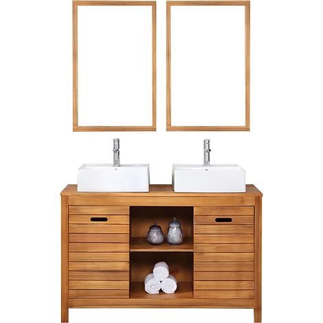 Meuble de salle de bain en bois d'acacia avec double vasque et miroirs - 130 cm - PULUKAN (1/5)
