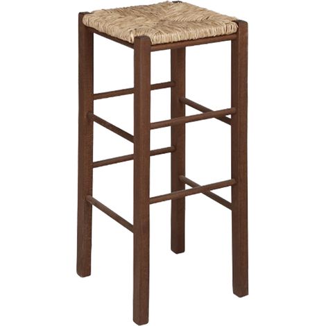 Hocker h 70 cm aus dunklem Nussbaumholz mit quadratischer Sitzfläche aus Stroh