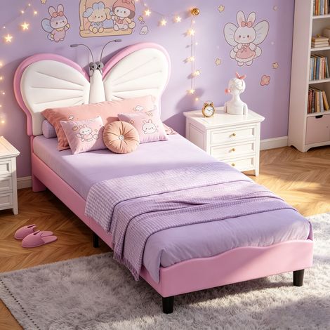 JOOKGBD-Kinderbett Polsterbett 90x200 cm, Jugendbett,Mädchenbett Bettgestell Samt mit LED-Leselampen,Einzelbett Prinzessinnenbett mit Höhenverstellbares Kopfteil,Ohne Matratze,Rosa (1/5)