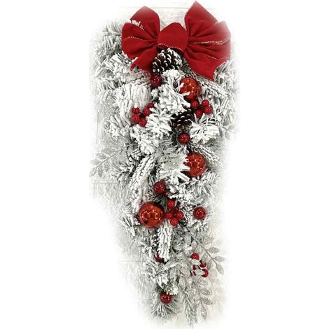 Couronne de Noël artificielle en rotin recouvert de neige, arbre renversé, nœud rouge, ruban, mise en page de la scène, boules brillantes, décoration de porte de Noël, guirlande suspendue pour fête (1/5)