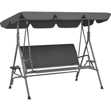 Altalena giardino 3 posti in PE rattan e acciaio con tenda e portabicchiere, 204x112x150 cm, grigia