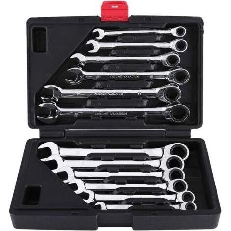 Clé Plate/Anglaise à Cliquet, Coffret de Clé à Douilles et Embouts Clé à Molette à Cliquet 8mm-19mm 12pcs pour Garage Bricolage(Clé Anglaise) (1/5)