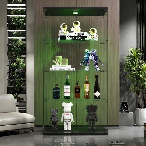 Glasvitrine mit LED, 4 Einlegeböden, 2 Türen, 82x36x164 cm, schwarz (1/5)