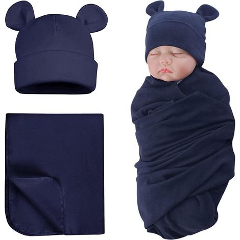 Couverture à emmailloter en coton avec bonnet de bébé nouveau-né ours mignon couverture nouveau-né et bonnet bleu marine (1/5)