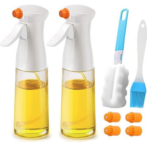Spray de aceite de cocina de 200 ml, paquete de 2 pulverizadores de aceite y vinagre con brocha, pulverizador de aceite y zumo para barbacoa, cocina, ensalada, blanco (1/5)