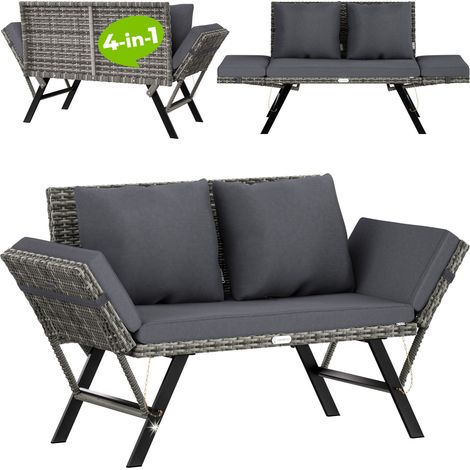 CASARIA® 2in1 Poly Rattan Garden Bench With Reclining Function Cushion Adjustable Armrests Weatherproof Outdoor Balcony Terrace Patio Lounge Sofa Couch Grey (1/7)