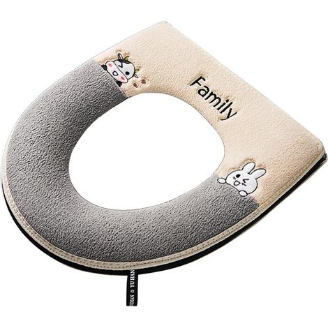 Tapis de toilette ultra doux avec broderie dessin animé chaleureuse, coussin de siège de toilette été/hiver, chauffe-bouilloire avec poignée, accessoires de salle de bain - Gris (1/2)