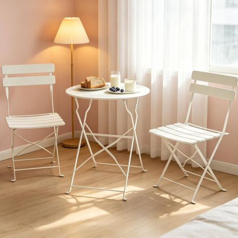 Klappbares Bistro-Set aus Metall in Creme, 1 Tisch und 2 Stühle (1/5)