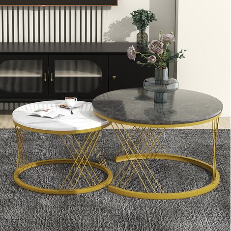 Tavolini da caffè a nido in MDF grigio effetto marmo, set 2 tavoli rotondi con struttura in metallo oro (1/5)
