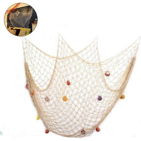 Rete da pesca in stile mediterraneo con conchiglie, decorazione, accessorio fotografico retrò, decorazione da parete (1/5)