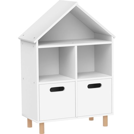 Bibliothèque pour enfants, meuble de rangement à 3 niveaux avec deux tiroirs, en forme de maison, 63,7 x 29,7 x 89 cm, blanche (1/5)