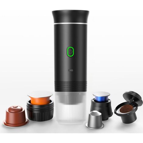 Cafetière nomade sans fil pour voiture - 12 volts - Espresso - Nespresso - Dolce Gusto - Capsules - Café moulu - Tasses - Rechargeable - Noir (1/5)