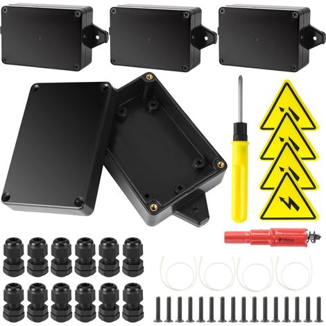 4 Pièces Boite de Derivation, Boite Derivation Etanche IP67, Noire Boitier Derivation Etanche Exterieur avec 12 Presse-Étoupes, Étiquettes de Sécurité, Scie Cloche 16mm, Tournevis (1/5)