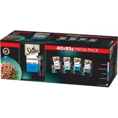 cibo umido per gatti sheba "delicatezze mare gelatina" adulti con salmone, pesce bianco, tonno e merluzzo 40x85 gr