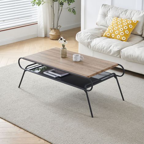 M&S – Table basse fixe 2 niveaux 120x60x45 cm – Plateau en verre trempé – Piétement en métal noir – Design contemporain