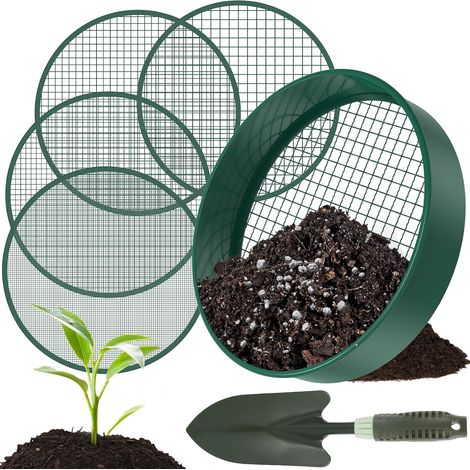 Tamiz de jardín redondo 4 en 1, 30 cm, con 4 tamices intercambiables y una pala de jardín, acero inoxidable. (1/5)