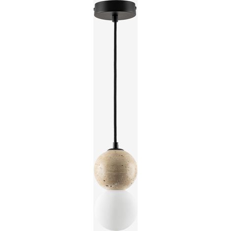 Sklum – Lampe suspendue Ø10 cm en travertin et boule en verre – IP20 – Culot G9 – Puissance max 20W – Pour entrée, chambre ou salon