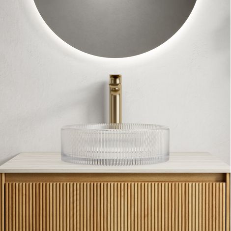 Lavabo sobre encimera redondo de cristal transparente 36 cm con diseño de franjas artísticas (1/5)