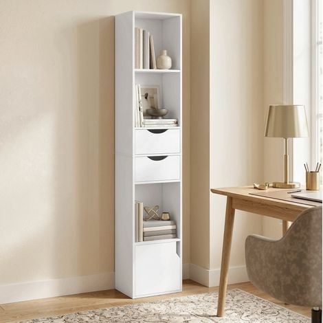 Bibliothèque blanche avec 3 niveaux ouverts, tiroirs et rangement fermé, étagère réglable, meuble gain de place de 30 cm de large pour bureau, salon ou chambre – CHICFURN (1/5)
