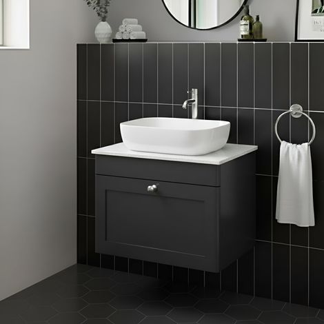Nuie Classique Wall Hung 1-Drawer Vanity Unit with White Marble Worktop 600mm Wide - Satin Anthracite (1/4)