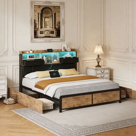 Lit 160 x 200 - lit 160x200 avec rangement - 4 tiroirs - Tête de lit USB et LED - Revêtement PU noir (1/5)