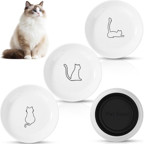 3 gamelles céramique plates 15×3 cm + base caoutchouc pour chaton croquettes/eau