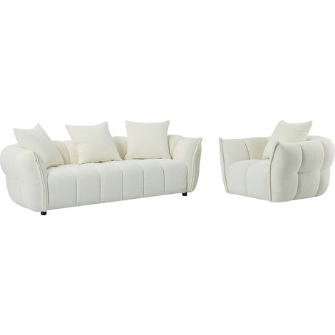 Canapé 3 places et fauteuil en tissu texturé blanc cassé KIMACA (1/5)