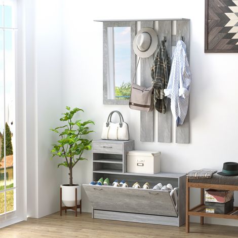 HOMCOM Konsolentisch mit Spiegel, Garderobenständer und Schuhregal, 2-teiliges Flurmöbel-Set mit 6 Haken, Ablagen und Schublade, Grau