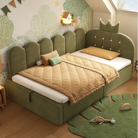 Cama diván moderna tapizada en terciopelo verde 90x190 cm con cabecero corona, arcón hidráulico y somier de láminas