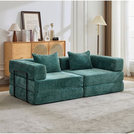 Schlafsofa 200x100x63 cm aus dunkelgrünem Chenille, montagefrei – MEUBLIV (1/5)
