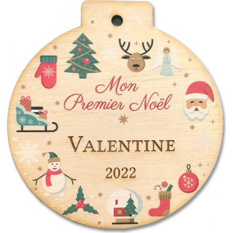 Boule de Noël en bois personnalisée – Mon Premier Noël – Décoration sapin à suspendre – Prénom gravé – 9 x 9,5 cm (1/5)