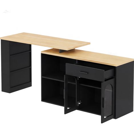 Isola da cucina giratoria 360° con armadio, cassetto e scaffali, MDF nero e legno, 136 x 50 x 78 cm (1/5)