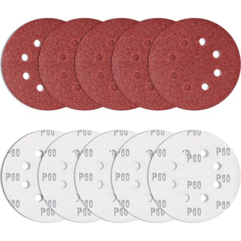 Lot de 10 pièces Papier de Verre 125 mm Velcro Grain 60, disques abrasifs Ronds Ponceuse Excentrique Feuilles abrasives 8 Trous pour ébavurer et poncer Les Points de Soudure (1/5)