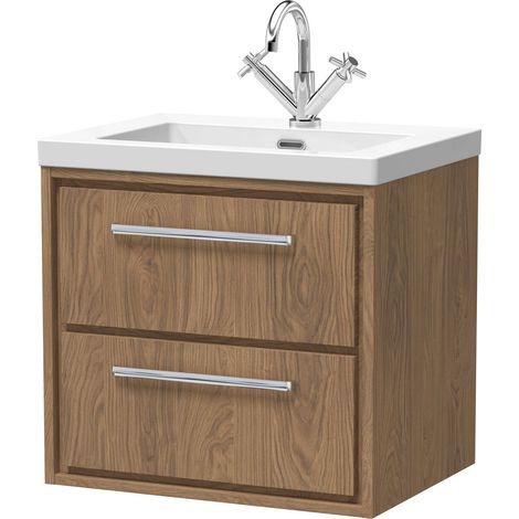 Longnor 2 Drawer Wall Hung Vanity Unit with 1 Tap Hole Modern Fireclay Basin, Antique Oak, 600mm