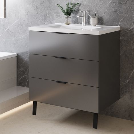 Badmöbel Unterschrank Standschrank Stehend mit Keramik Waschbecken Hochglanz anthrazit 80cm (1/5)