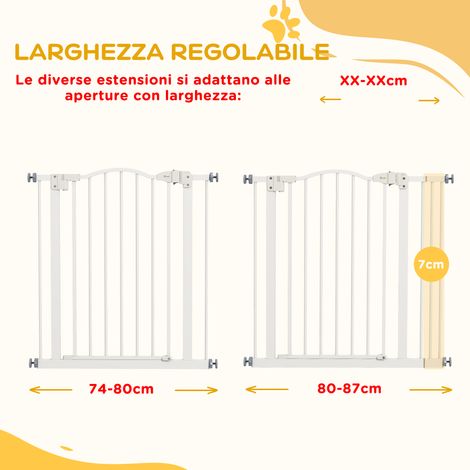 Barrière chien extensible, 2 unités à blocage automatique, blanc en métal et plastique, dimensions 74-87 x 78 cm. (1/5)