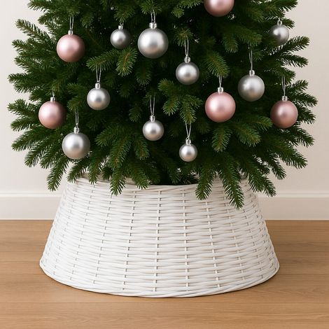 Gonna copri base albero di Natale in vimini bianco con Diametro 40/60 cm e Altezza 25 cm con supporto intrecciato (1/5)