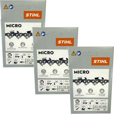 Stihl 3x 1/4" Picco Micro 3 (PM3) chaîne de scie 30 cm 1/4" P 1,1 mm 64 TG 3 pièces ( 3x 36700000064 )