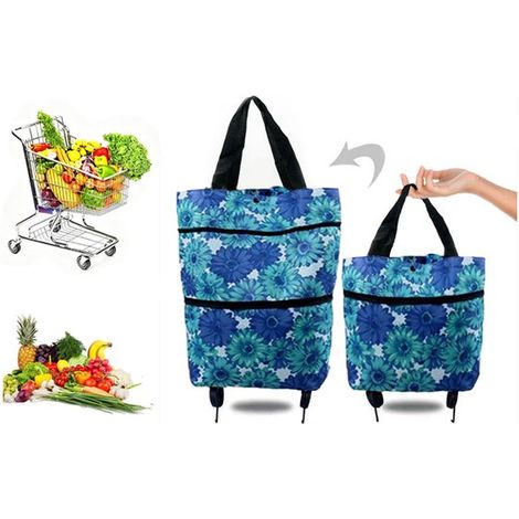 Chariot de courses pliable - Bleu - Chariot/sac bandoulière 3 en 1 à roulettes - Grande capacité, robuste et durable, léger et portable (1/5)