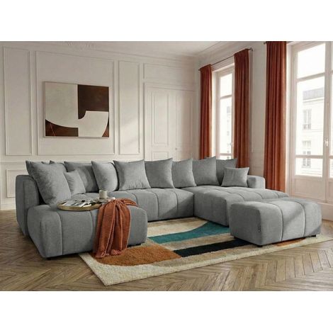 BOBOCHIC - Canapé panoramique convertible ROXELANE tissu chiné avec pouf Angle droit  Gris clair
