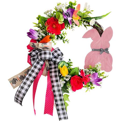 Plaque Lapin Pâques Bois Branches Séchées Couronne Fleurs Décoration Extérieure Porche (1/2)