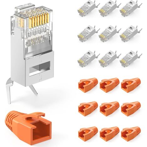 RJ45 Cat7 Shielded Connectors Wire Thread Aid Orange Pack of 10  (2nd Generation) 10Gbps 600MHz, Gold Plated RJ45 Pass Through PoE Plug, for Cat7 Cat6A Cable, and Anti-Kink Protection (1/5)