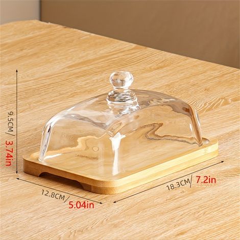 Assiette à beurre rectangulaire en bois d'acacia, couvercle en verre, très populaire à l'international, pour fromage, desserts et gâteaux (assiette allongée pour dim sum [couleur bois clair]). (1/5)