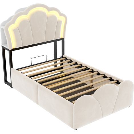 Letto imbottito 90x200 cm beige con contenitore idraulico LED e prese integrate MODENUIT (1/5)