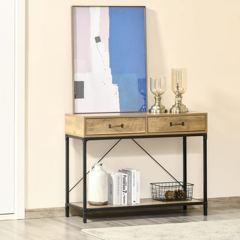 Consola, mesa de recibidor con estante y 2 cajones, 100 x 35 x 76,5 cm, mesa auxiliar, mesa de sofá, mesa expositora para espacios pequeños, entrada, recibidor, salón, marrón + negro