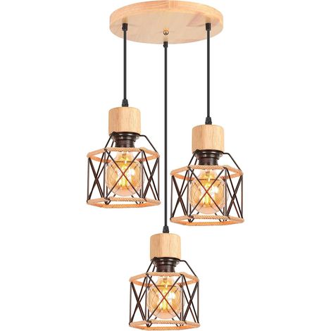 3 Lampes Suspension Luminaire Vintage Lustre Plafonnier Industriel Bois Lampe de Plafond Abat-jour Design Cage avec Corde de Chanvre E27 Éclairage Plafond pour Salon Chambre Cuisine (Cercle) (1/5)